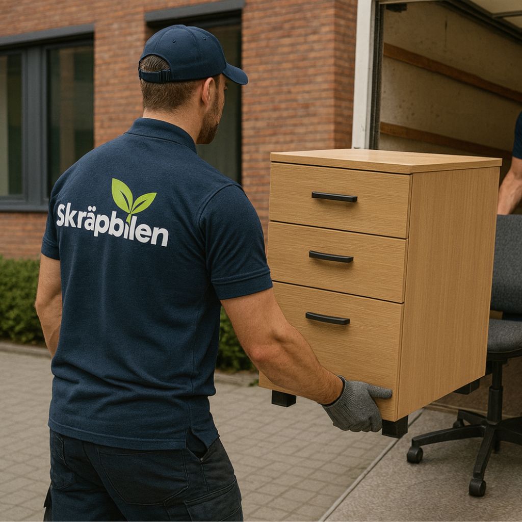 Skräpbilen bär ut kontorsmöbler vid kontorsröjning i Stockholm