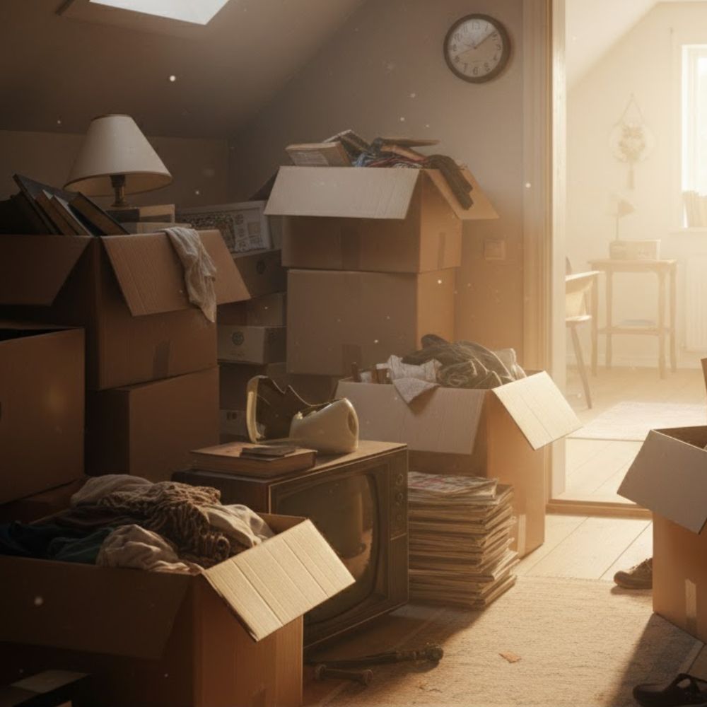 Kvinna rensar förråd med kartonger och säckar – förrådsröjning